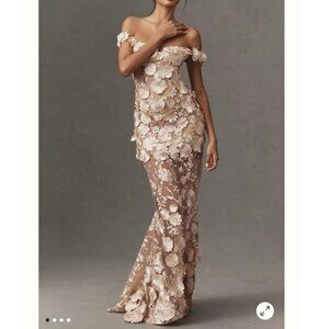 NWT Bronx and Banco Jasmine 3D Floral Off Shoulder Maxi Gown Gold Size S